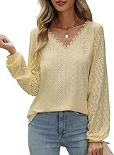 CMTOP Women's Elegant Blouse Long Sleeve Lace Blouse V-Neck Tunic Blouses Balloon Sleeves Casual Tops Autumn