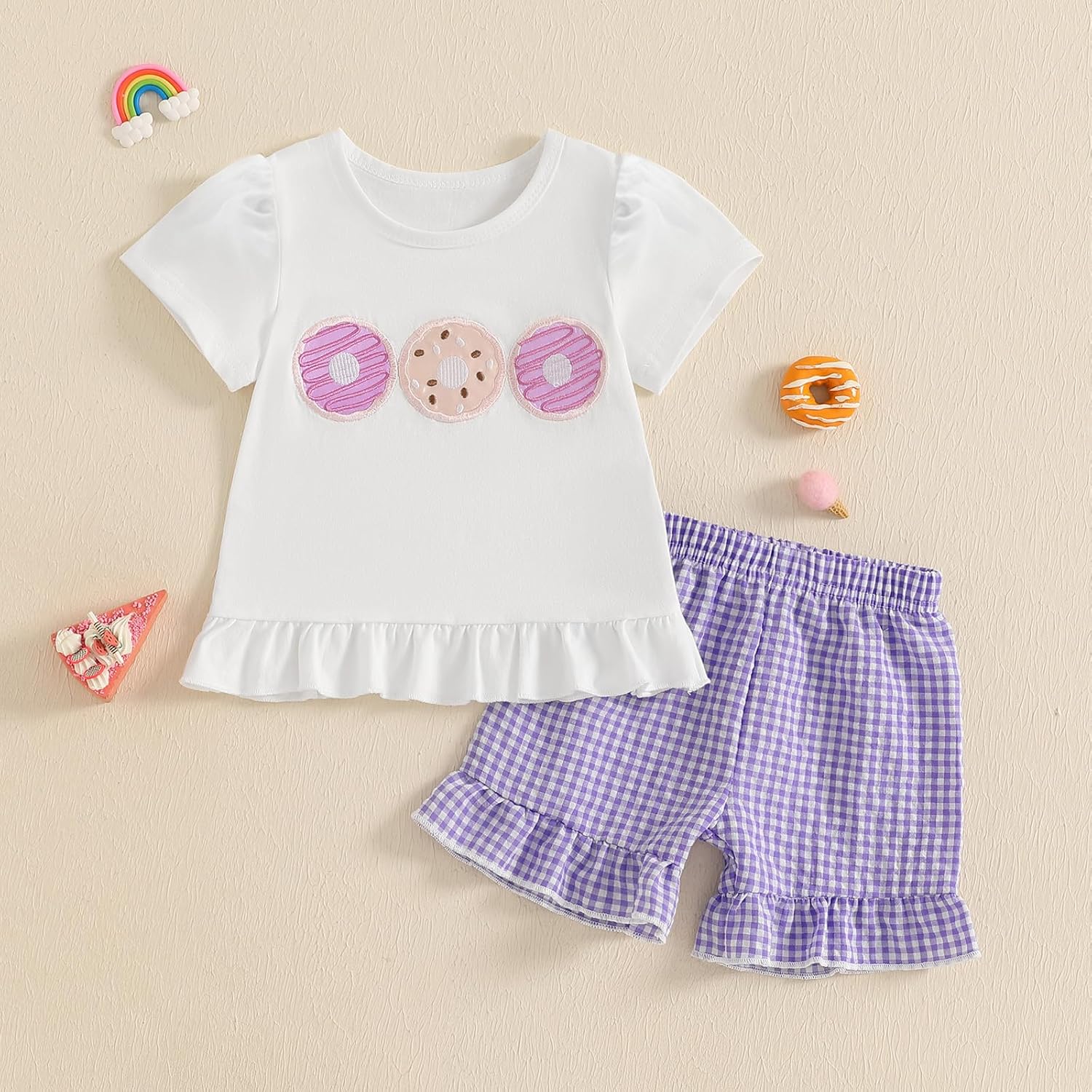 fhutpw Toddler Baby Girls Summer Clothes Smocked Short Sleeve T-Shirt Tops Ruffled Plaid Short Sets Cute Outfits 2Pcs - Image 3