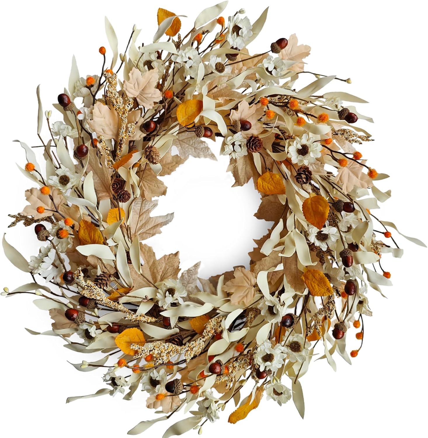 22 Inch Autumn Front Door Wreath - Farmhouse Fall Decor with White Daisies, Eucalyptus, Wheat, Berries, Acorns - Thanksgiving Porch Decor, Indoor Outdoor Door Hanger