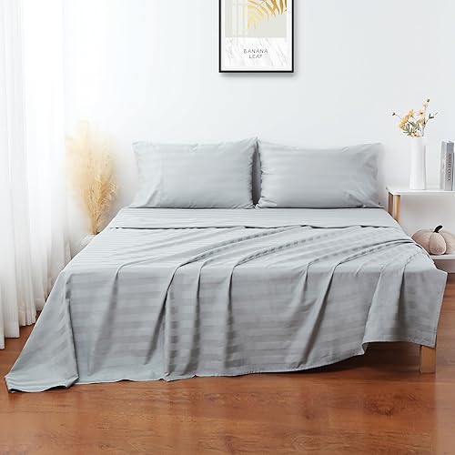 Miniatura 3 de Sábana encimera de tamaño matrimonial, 400 hilos, 100% algodón egipcio, sábana encimera de algodón blanco satinado a rayas, resistente a las