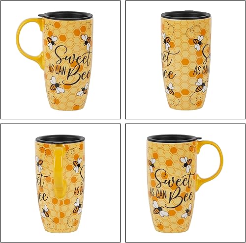 Miniatura 9 de Taza de viaje de café de cerámica con asa y tapa deslizante resistente a salpicaduras, taza de arte de abeja de té alta de porcelana de gran