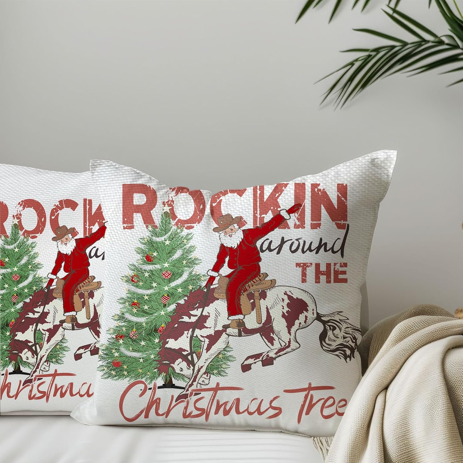 クリスマス ウエスタン カウチ スローピローカバー、面白いサンタクロース乗馬馬 クリスマスツリー付きソフトピローカバー、冬のクッショ