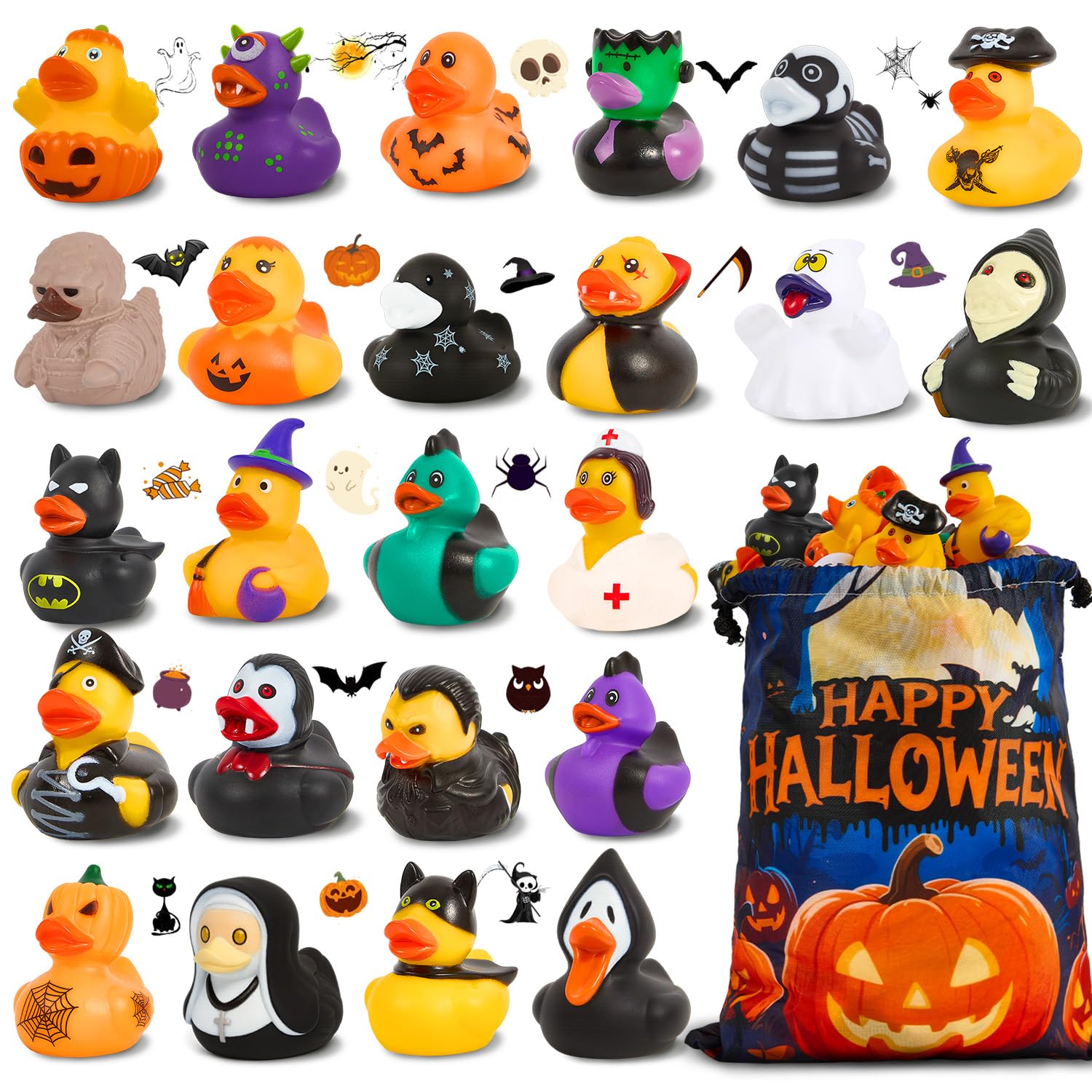 24 Pack Rubber Ducks Jeep Ducking with a Bag- 2" Halloween Assortment Duckies for Jeep Duck Halloween Themed Cruise Duck for Pool, Party Favors, Birthday Gifts, Classroom Incentives, Kids Bath Toys