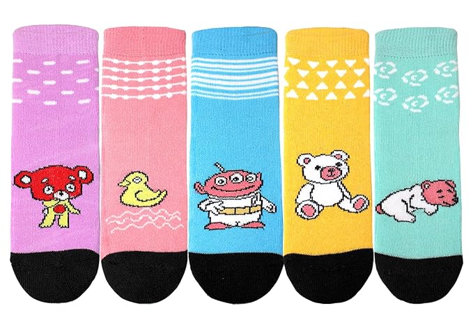 Instep: Kids Socks Baby Boys & Baby Girls Soft Cushion Special Cartoon Design Midcalf / Crew Length Pure Cotton Socks | Fancy Cartoon Design Socks | Multi color | Maximum Grip | Pack of 5 Pairs|