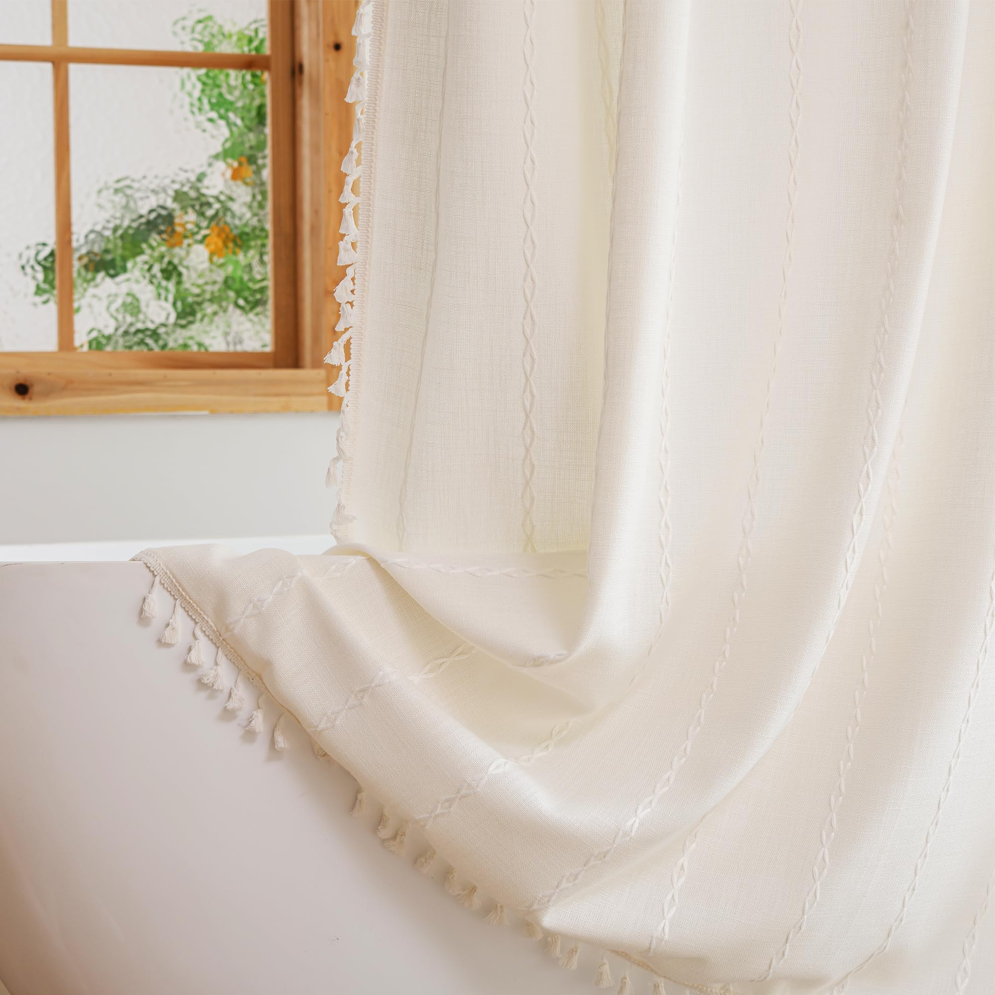 Plenmor Heavy Weight Fabric Cotton Shower Curtain with Hooks Waterproof Stripe Boho Curtain for Bathroom White W 70.9" x L 70.9" (1 Panel)