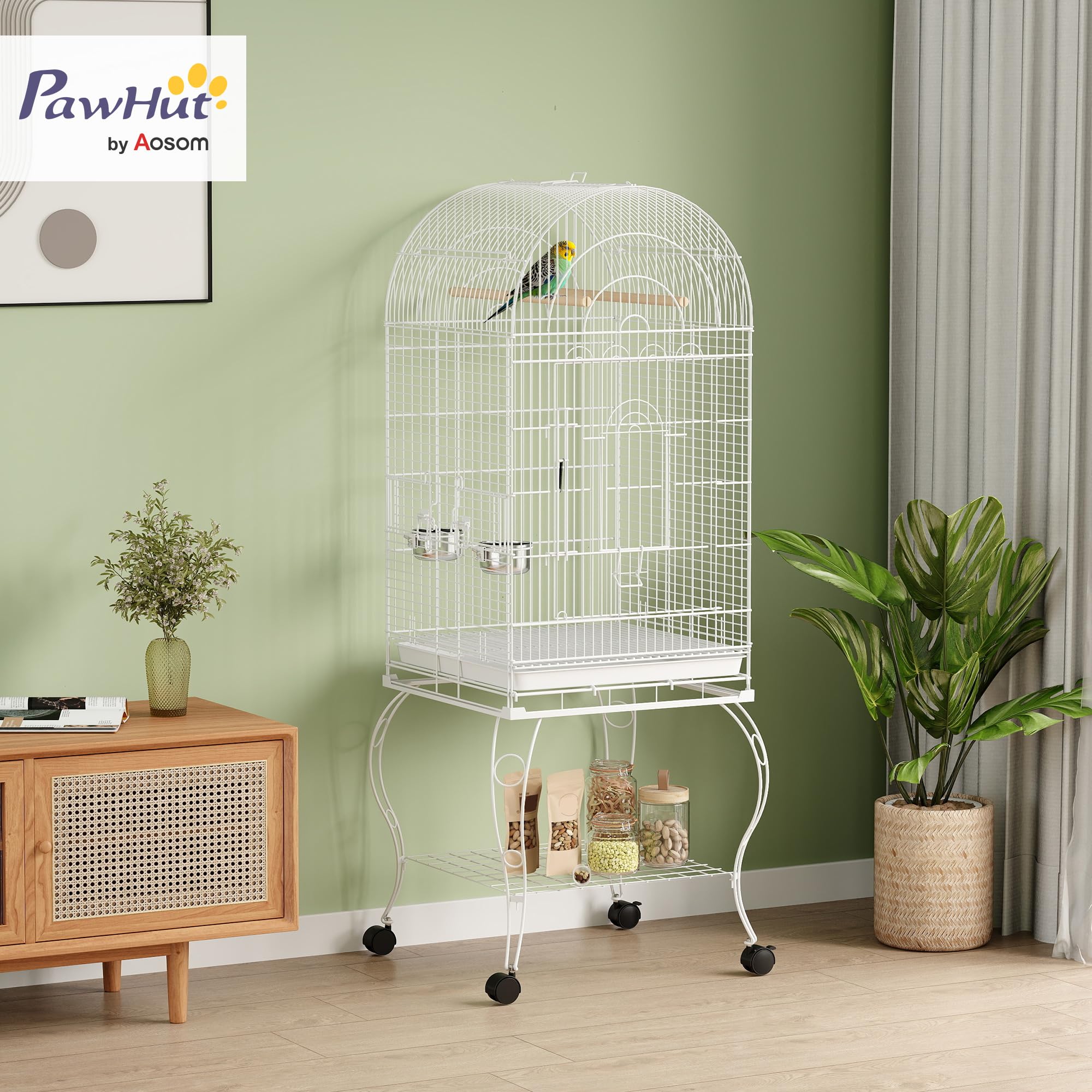 PawHut Jaula para Pájaros con Ruedas y Estante, 51x51x153 cm, Jaula Grande con Parte Superior Abatible, 2 Comederos, 2 Perchas, 4 Puertas y Bandeja Extraíble, para Loros y Canarios, Blanco