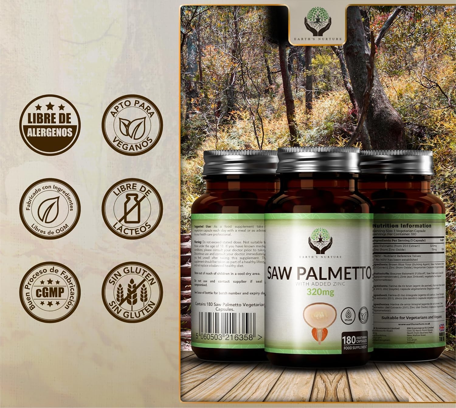 EN Saw Palmetto | 180 Saw Palmeto Cápsulas - Alta Potencia 320mg Serenoa Repens con Zinc por Porción | Sin OGM, Gluten, Lácteos y Alérgenos | Hecho en el Reino Unido