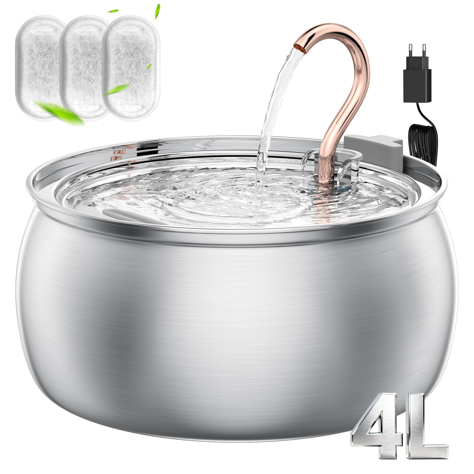 TOMXCUTE Fuente para Gatos 4 L, Bebedero Gatos de Acero Inoxidable, Salida de Agua de Diseño del Grifo con 3 Filtros de Carbón Activado, Súper Silencioso, Adecuado para Familias con Varias Mascotas Global Recycled Standard Global Recycled Standard Global Recycled Standard