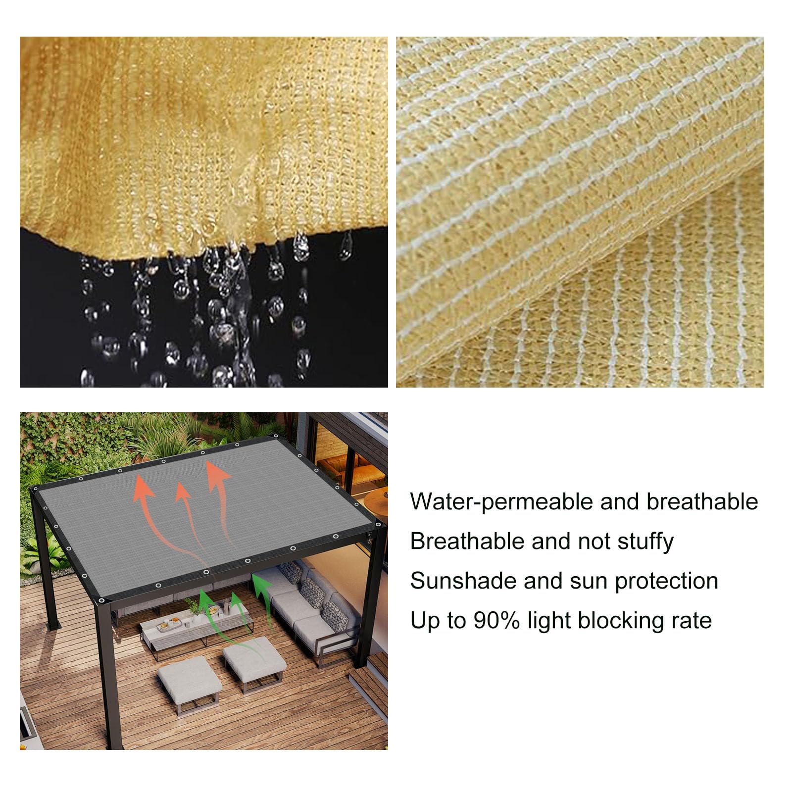 Schattierungsnetz mit Ösen 180 x 320 cm Uv-Schutz 95% Winddurchlässig Schattennetz, Beschattungsnetz mit Ösen für Außenbereich, Terrasse, Balkon, Garten, Creme Farben