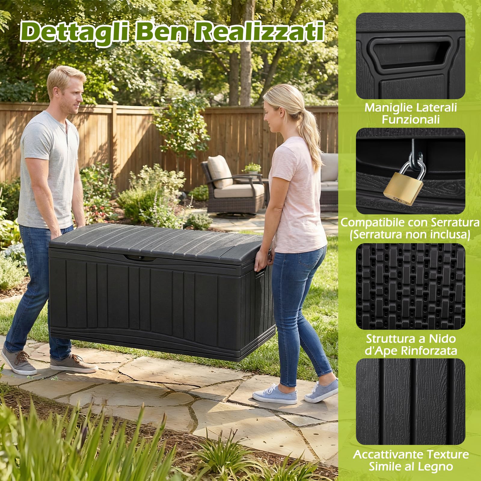 COSTWAY Baule da Esterno 300L Impermeabile in Resina, Cassapanca Contenitore da Esterno con Pistoni a Gas, Predisposizione per Serratura e 2 Maniglie Laterali, Resistente, 114 x 55 x 61 cm (Nero) - 4