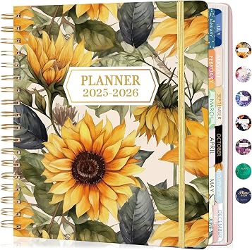 CAGIE 2026 Planner Weekly and Monthly January - December 2026 Calendar, Hardcover Spiral Bound, 13 Monthly Dividers Tabs, Stickers, 8.3 x 9.3 Inch, Women Sunflower Planner Agenda For Work, Family Affiar, Personal