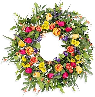 24 Inch Tulip Wreaths for Front Door, Spring Summer Wreath for Wall Porc...