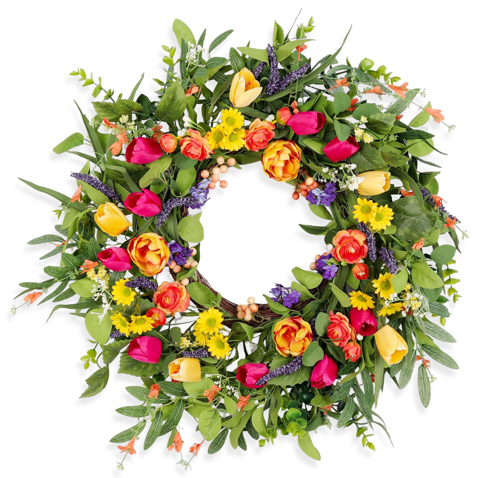 24 Inch Tulip Wreaths for Front Door, Spring Summer Wreath for Wall Porch Window with Tulip and Eucalyptus, Indoor and Outdoor Artificial Floral Wreath Home Decor, Party Holiday Anniversary Decoration