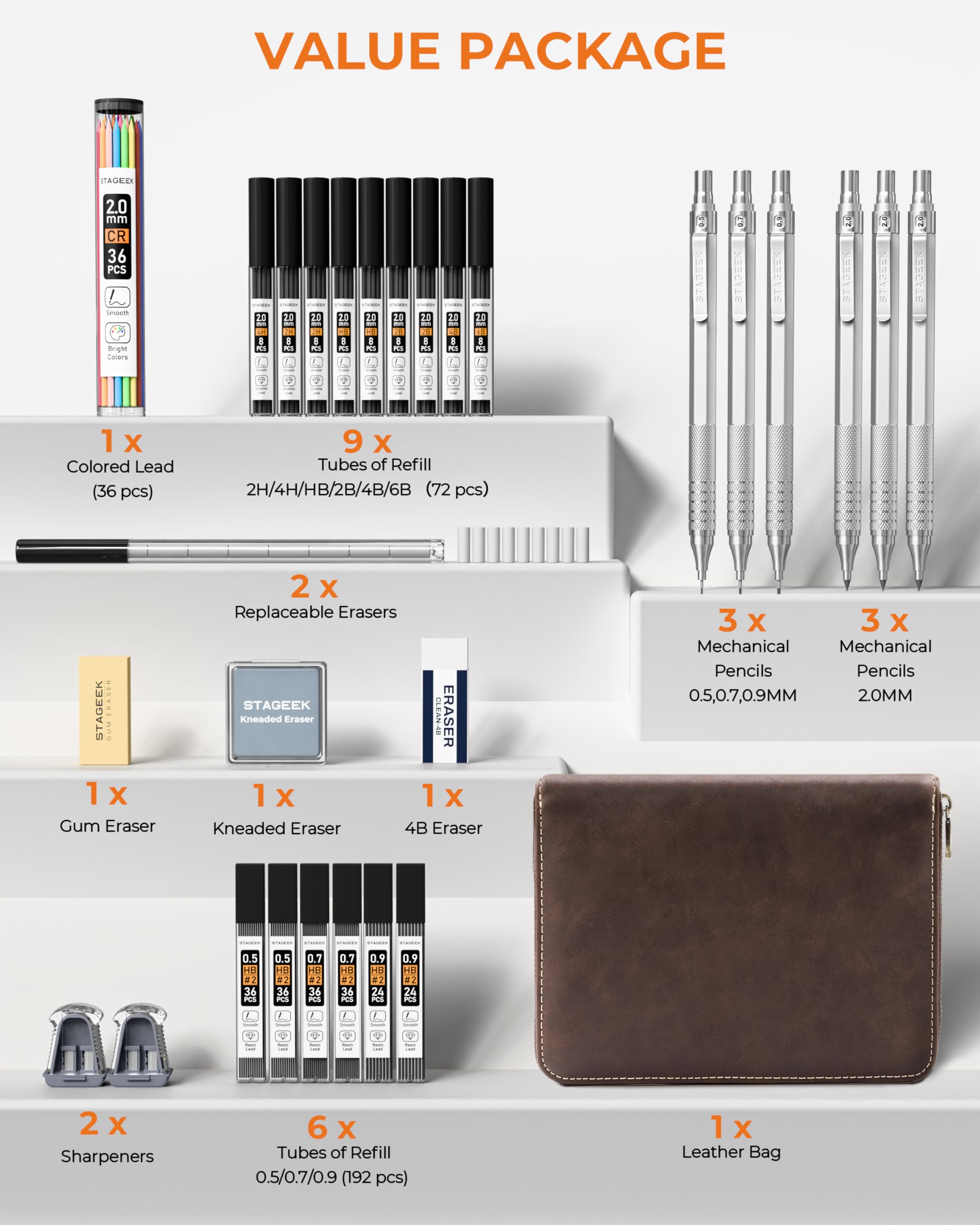 Four Candies Set van 3 metalen vulpotlood met 0,7 mm HB-vullingen, vulpotloden met 360 HB-vullingen, 3 gummen en etui, vulpotlood voor schrijven en