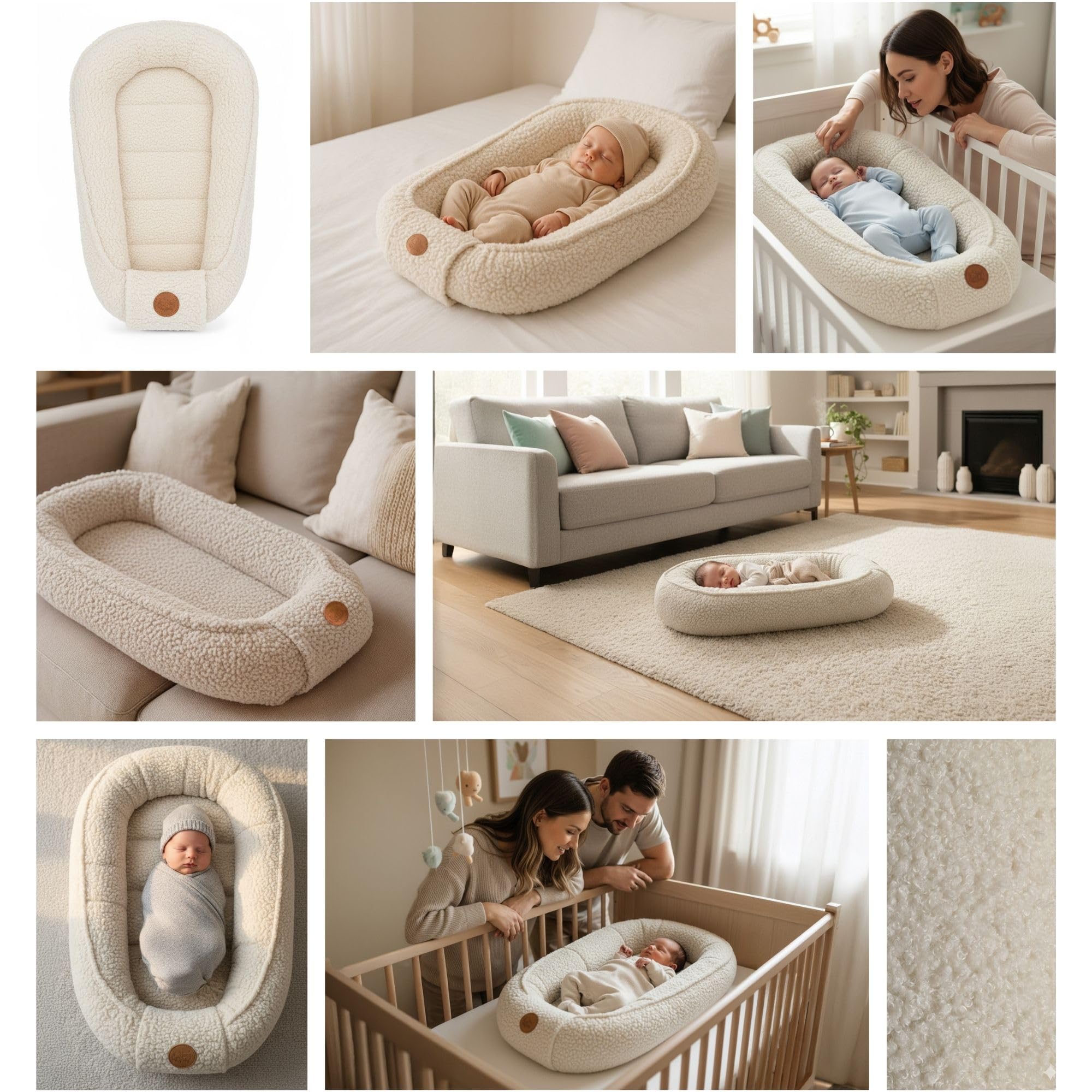 Babynest Nestchen Baby aus Teddy Plüsch 90x50 cm - Babynestchen Neugeborene Nest für Kinder Bett und Babybett tragbar Kuschelnest Coccon für Jungen und Mädchen Cremefarben