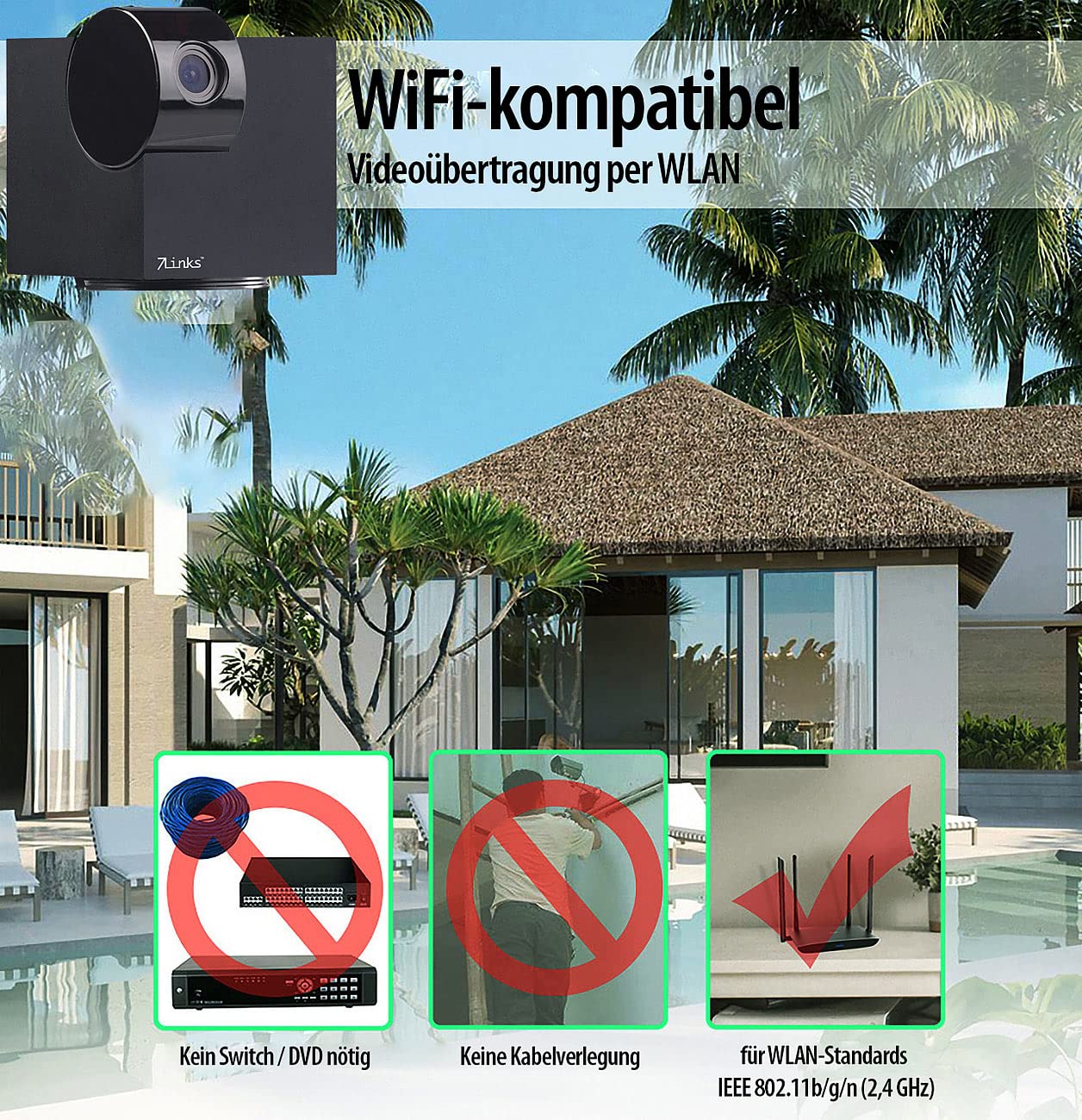 7links WLAN Kamera App: Pan-Tilt-IP-Überwachungskamera mit Full HD, WLAN, App und Nachtsicht (App Kamera, App Überwachungskamera, PC)