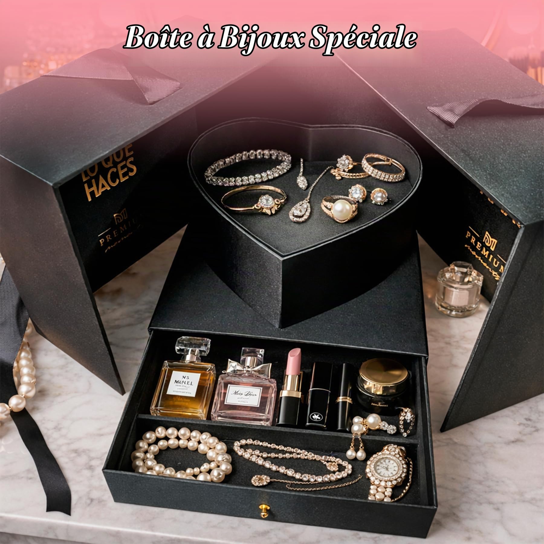 Coffret Écrin Premium de Saint-Valentin · Cadeau Deluxe avec 18 Roses Parfumées et plus de 36 Chocolats Ferrero Rocher, Lindt Lindor, Caja Roja, Cœurs en Chocolat, Kinder Bueno et plus · Écrin Réutili