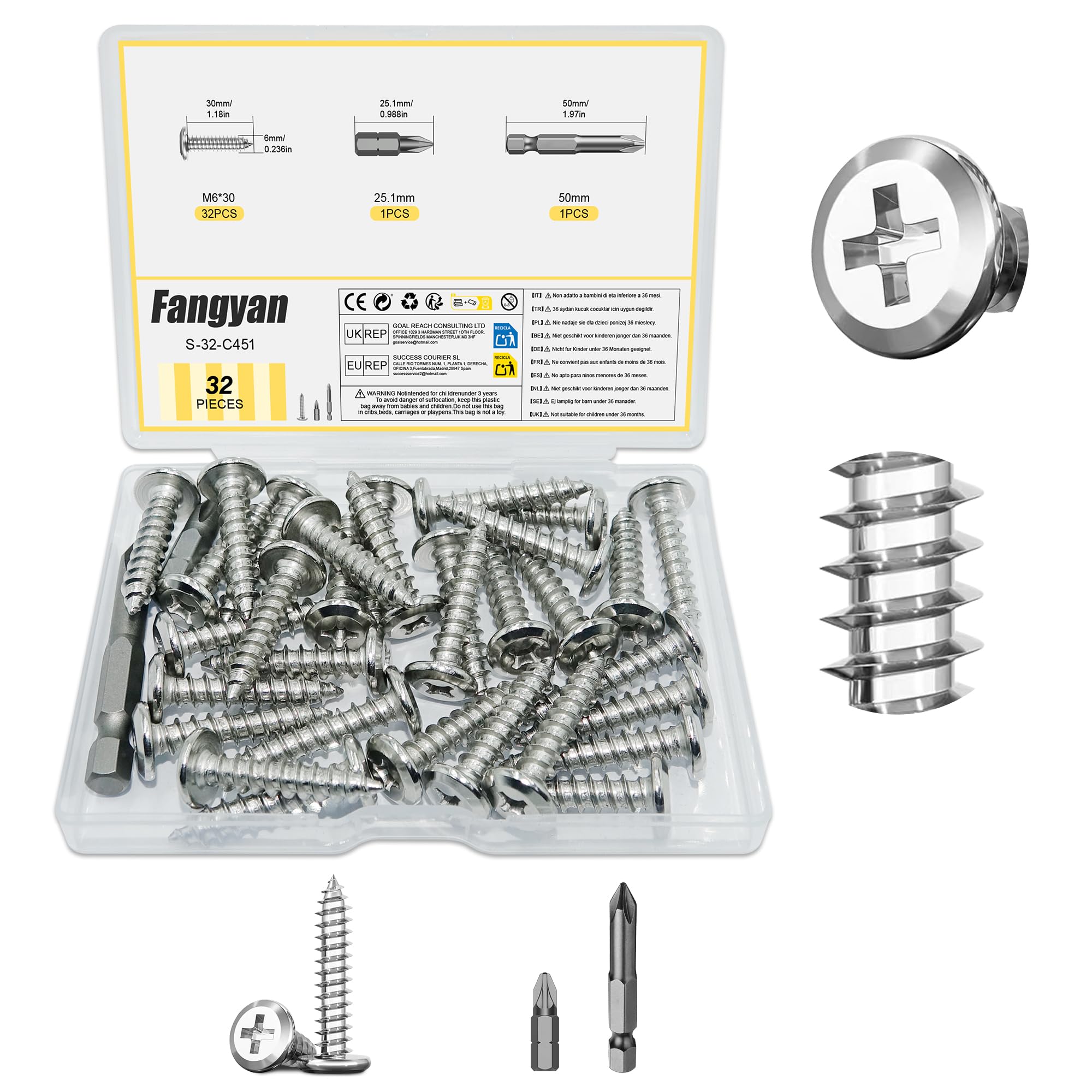 Fangyan 32PCS M6 x 30mm Phillips Cross Flat Head Self Tapping Wood Screws, 304 Stainless Steel Fasteners with 2 Magnetic Screwdriver Bits for Furniture Assembly, Cabinets & DIY Wood Repairs