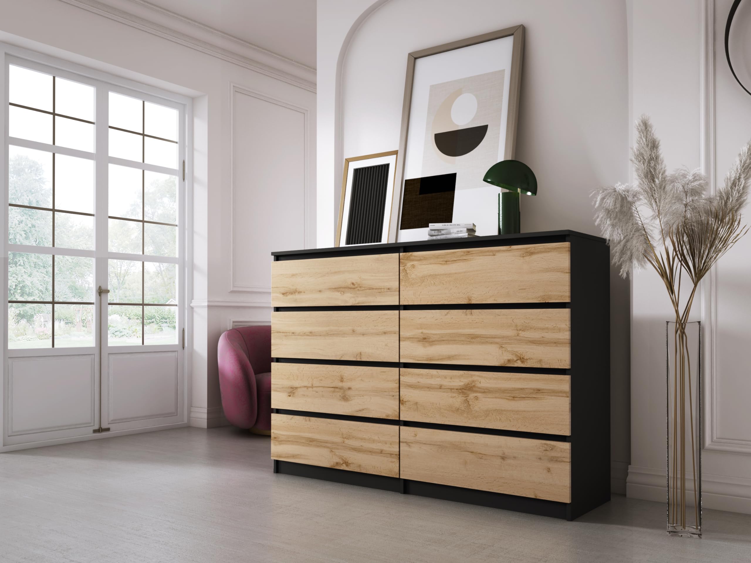 3E 3xE living.com Cassettiera con 8 cassetti, colore: nero/Rovere wootan, A: 140 x 101 x 39 cm