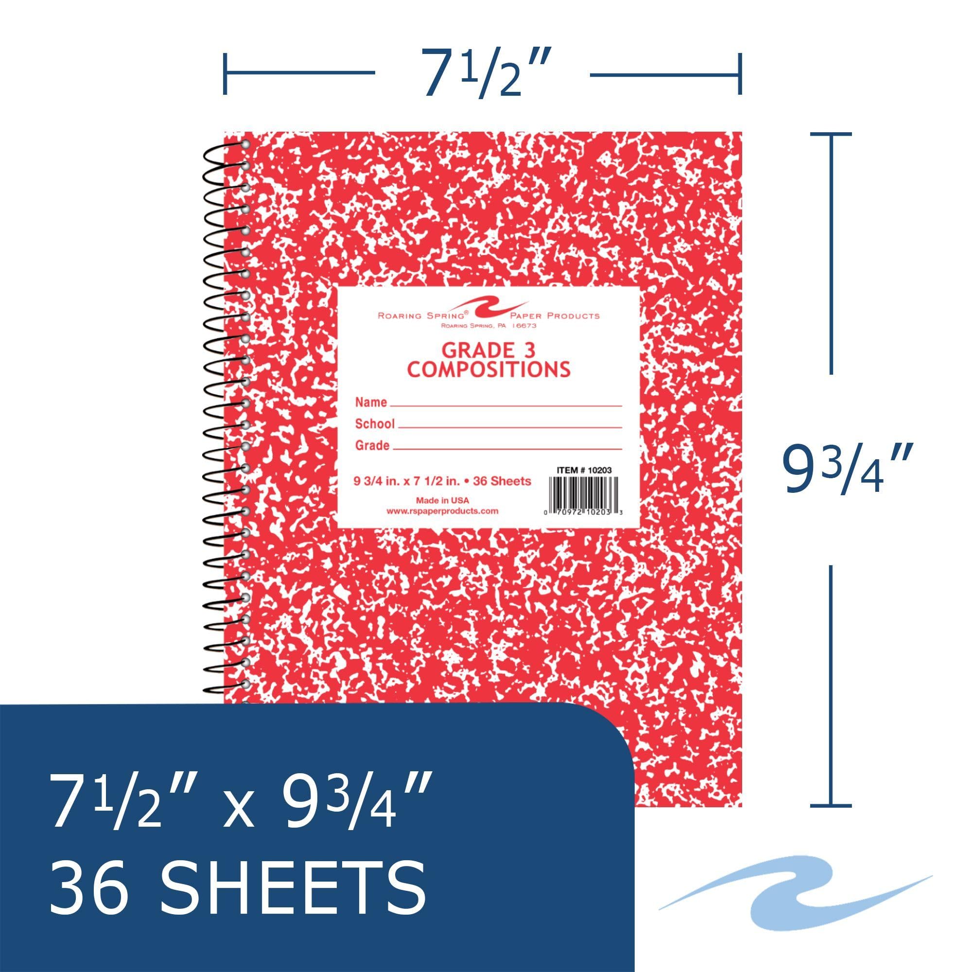 Roaring Spring Cuadernos de composición en espiral de grado 3, paquete de 12, para clases de tercer grado, 9.75 x 7.5 pulgadas, 80 hojas, papel blanco de 15 libras, práctica de escritura y caligrafía