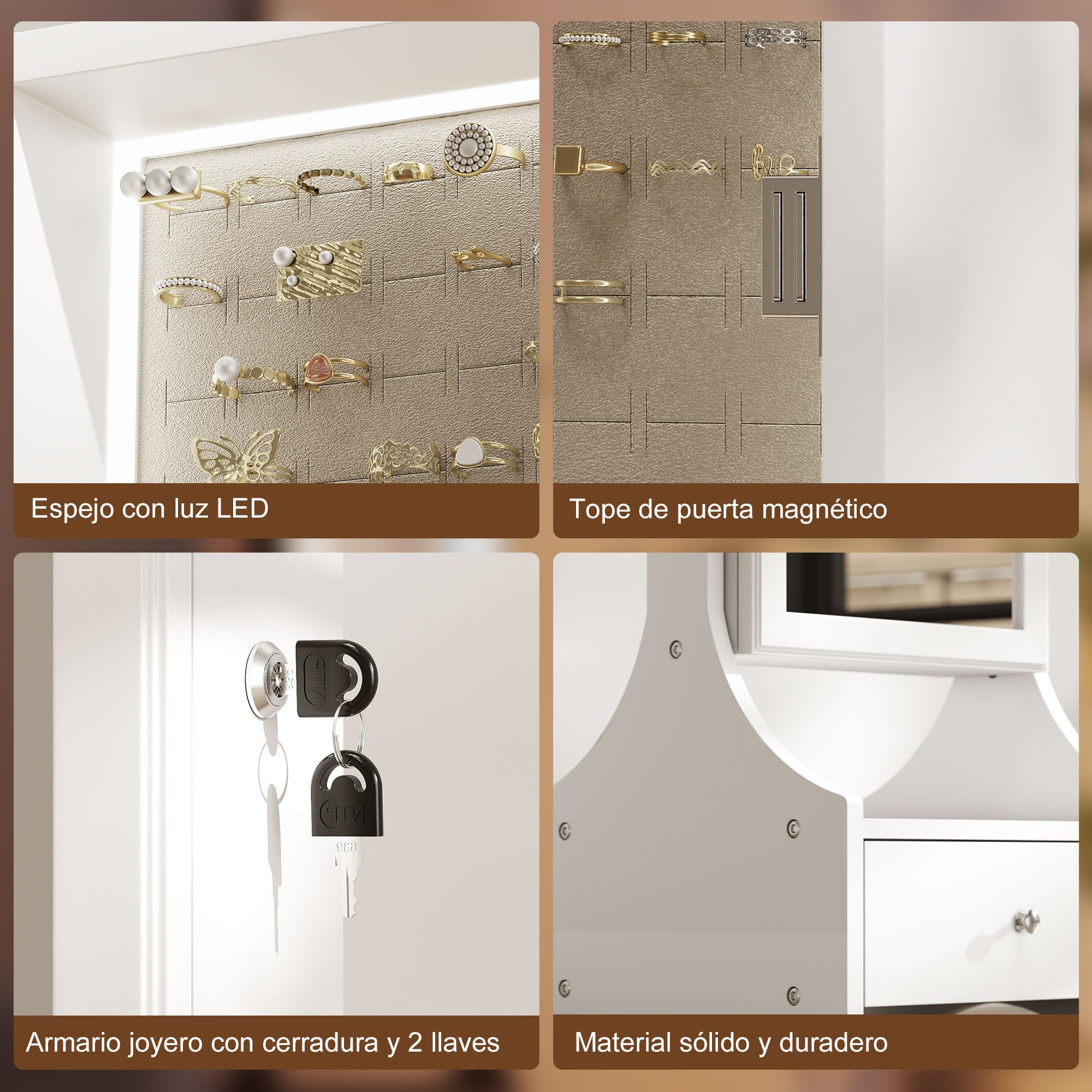 HOMCOM Armario Joyero con Espejo LED, Luces Apagado Automático, Blanco
