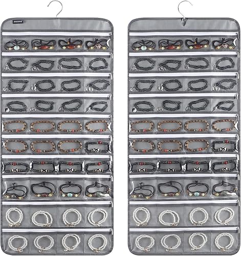 Organizador de joyas colgante con 80 bolsillos con cremallera para guardar joyas, soporte de exhibición de accesorios de doble cara para aretes,