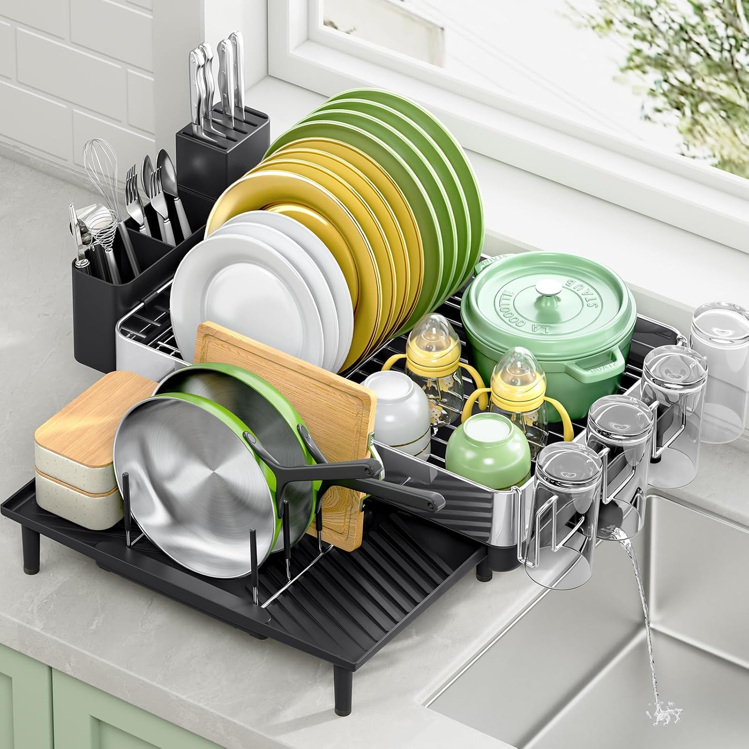 Multifunctional Dish Rack, 304 Stainless Steel Adjustable Dish Drainer with Utensil Holder & Drain Board, Detachable & Space Saving for Kitchen Counter, Gray