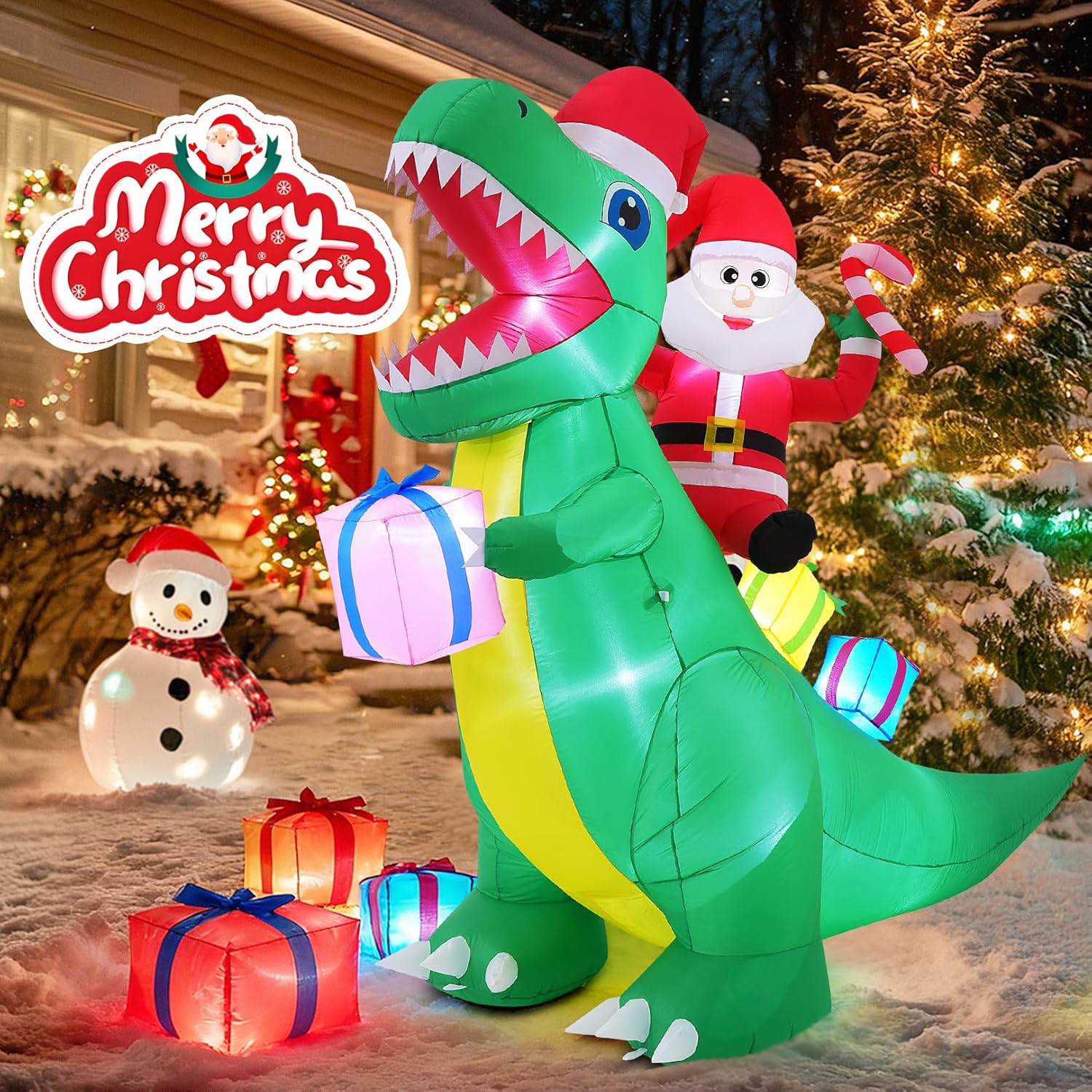 8FT Inflatable Christmas Tree with Santa Claus, Penguin and Snowman, Inflatable Christmas Tree & Gift Boxes Outdoor Yard Decoration, Blow Up Xmas Decoration with LED for Yard Garden Patio Lawn Décor