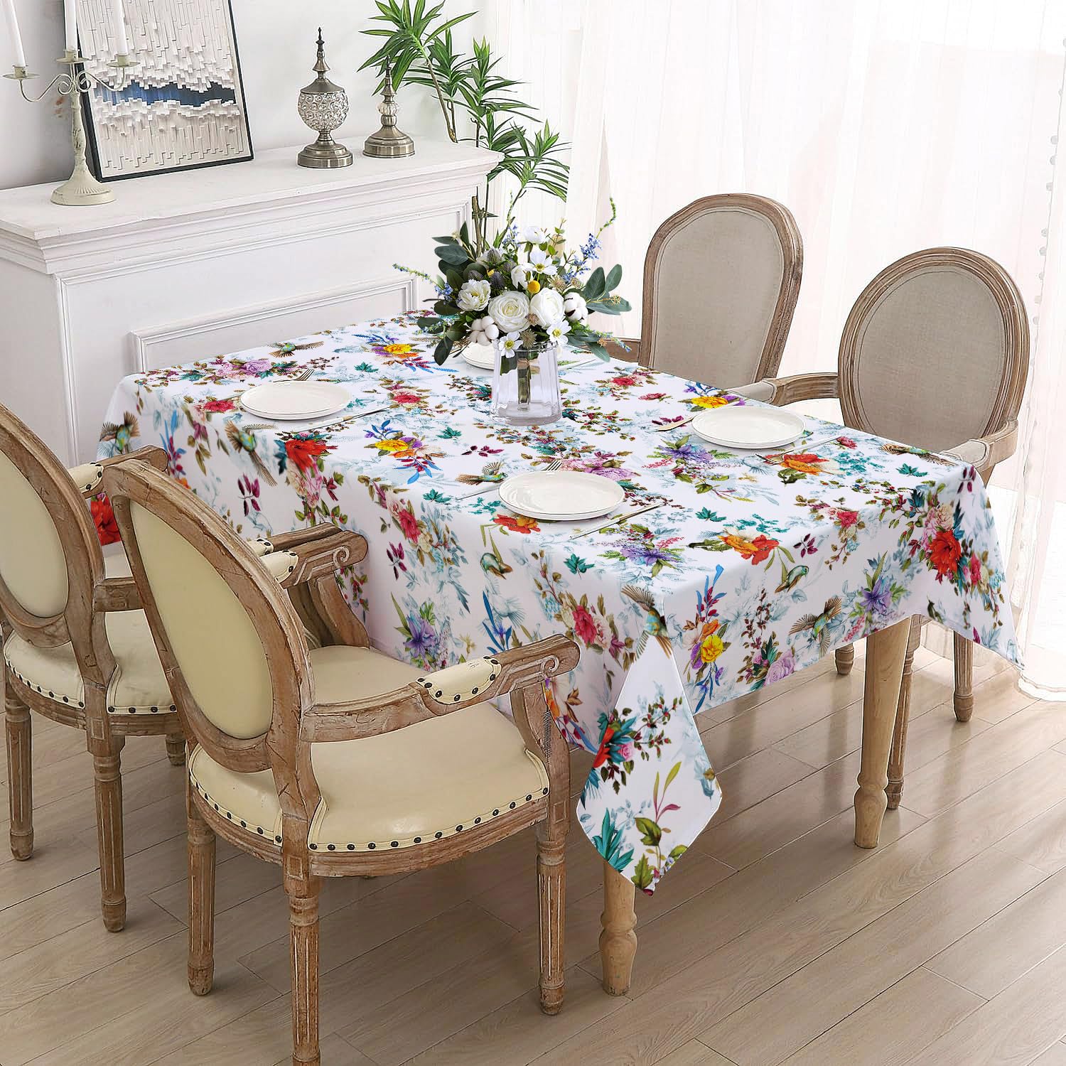 Photo 1 of Spring Summer Floral Tablecloth Rectangle 60x84 Inch, Outdoor Tablecloth Vintage Birds Flower Table Cloth Decor for Dinner Party Picnic