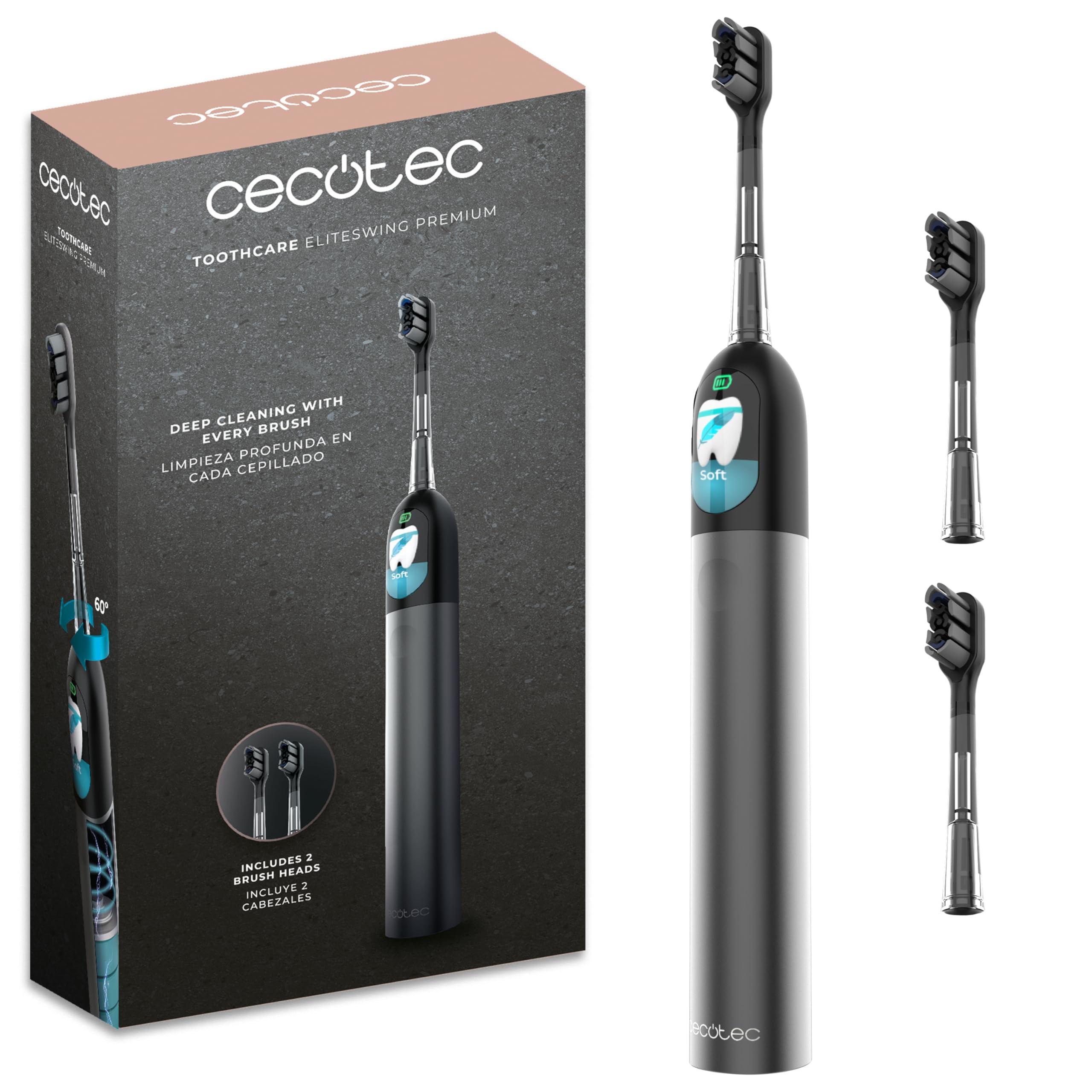 Cecotec Cepillo de Dientes Eléctrico Sónico con Oscilación 60º y Pantalla ToothCare EliteSwing Premium. 3 Modos, Autonomía 30 Días, Sensor de Presión, Base Carga y 2 Cabezales de Repuesto, IPX7