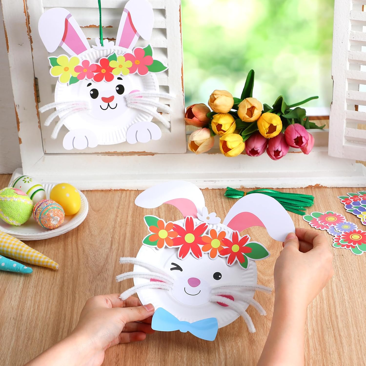 Baderke 24 Set Easter Bunny Craft Easter Paper Plate Kit Make Your Own Bunny Ornament Hanging Rabbit DIY Arts for Party Decoration Classroom Activities Gifts