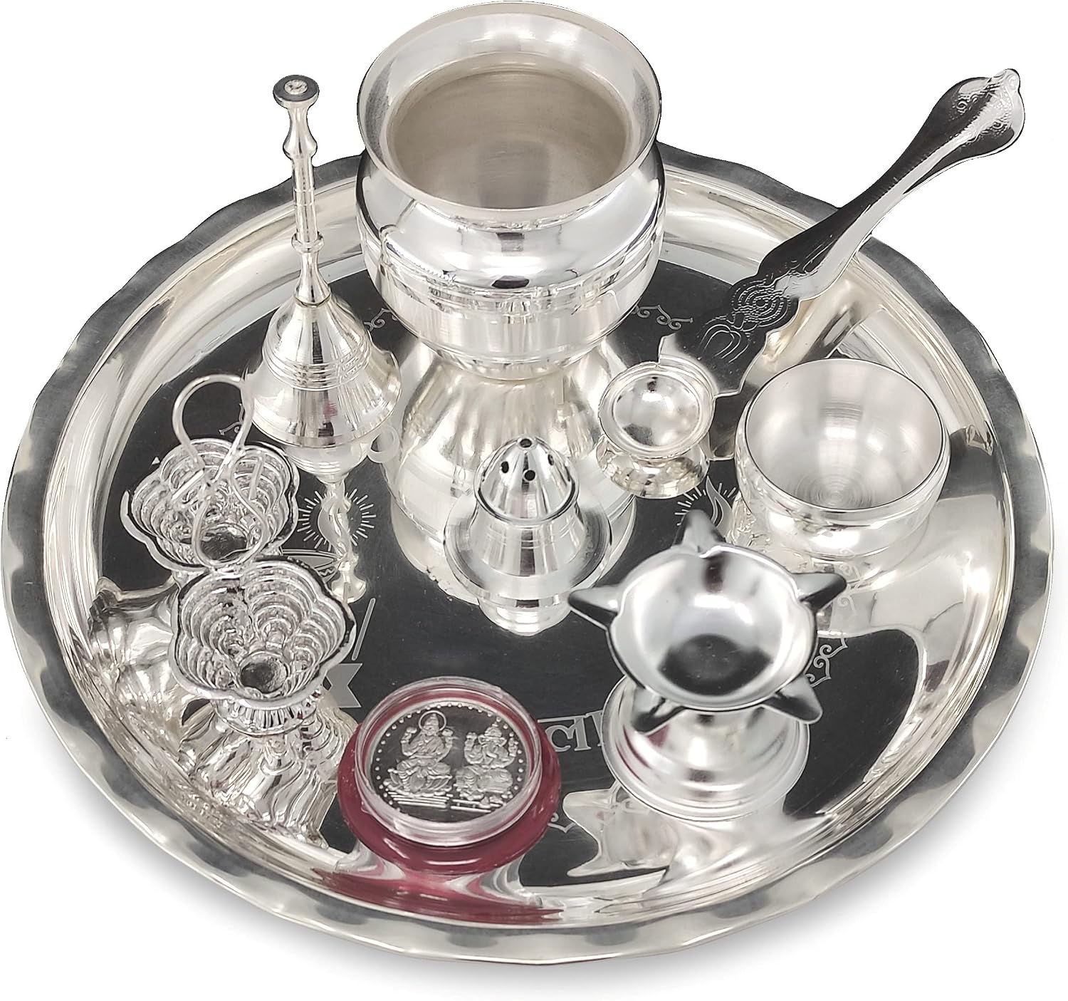 Puja thali Silver Plated Set 8 Inch with Pooja Items Plate Ghanti Bowl Spoon Coin Dhup Dan Diya Kumkum Stand Thali for Home Mandir Office Wedding Return Diwali Gift Items