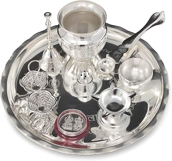 Puja thali Silver Plated Set 8 Inch with Pooja Items Plate Ghanti Bowl Spoon Coin Dhup Dan Diya Kumkum Stand Thali for Home Mandir Office Wedding Return Diwali Gift Items