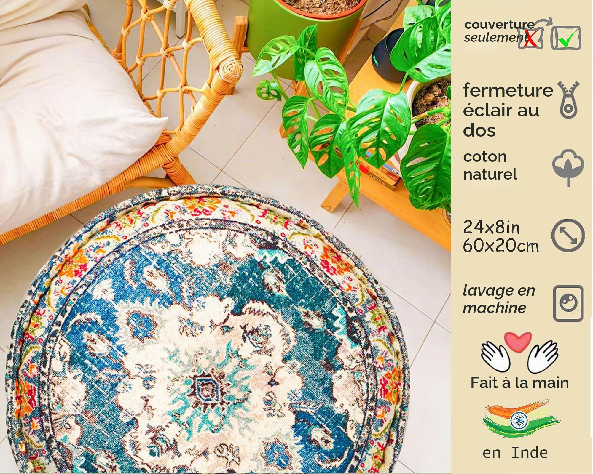 Mandala Life ART Bohémien Yoga Décor Housse de Pouf Ottoman - 60x20 cm - Taie d'oreiller Del Sol de Méditation Ronde - Décoratif Pouf Tapis en Coton imprimé