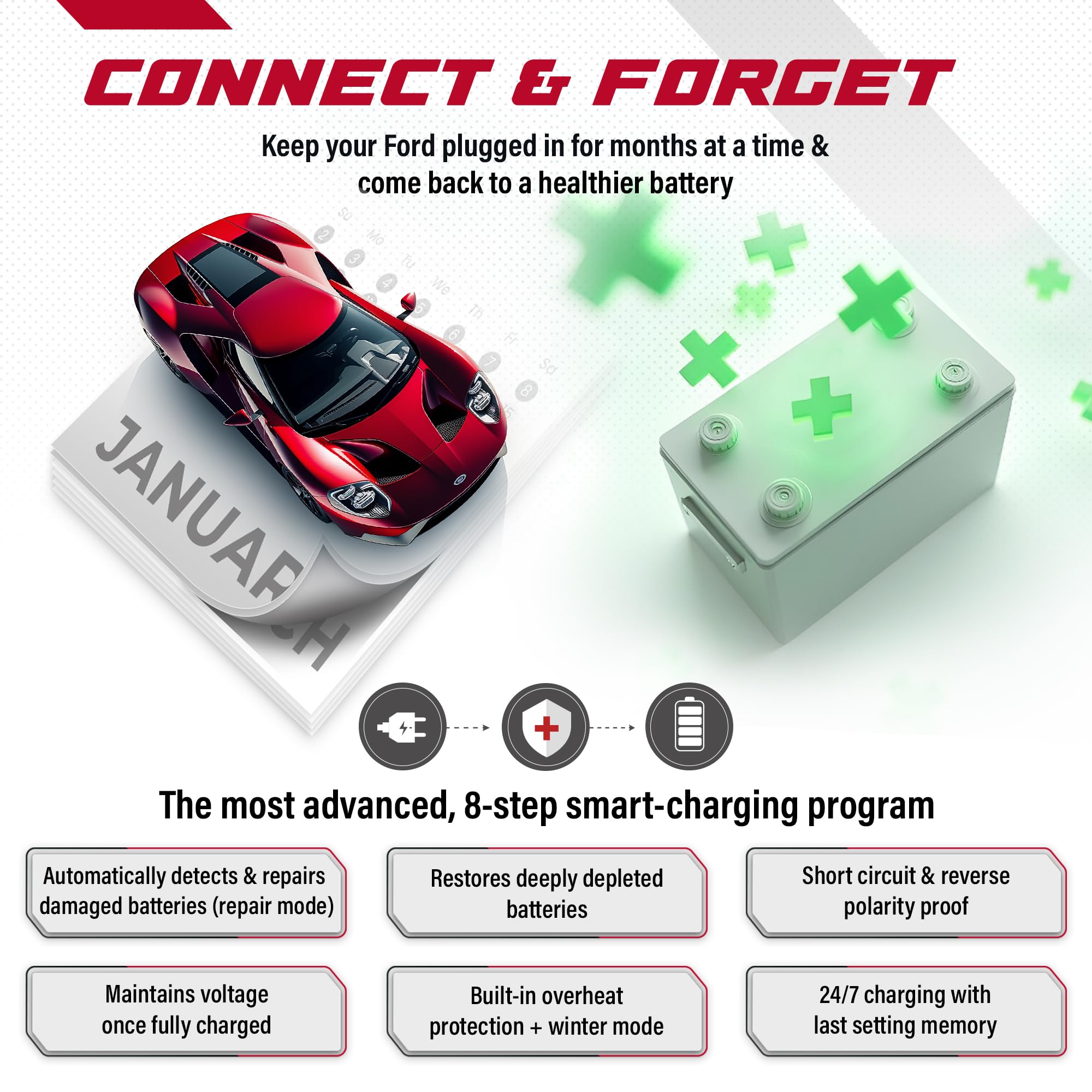 JMR Battery Charger for Ford GT F-150 F-450 F-350 F-250 Bronco Expedition Shelby Explorer Transit Excursion All Models Trickle Charger Conditioner Maintainer (No Lithium Mode)