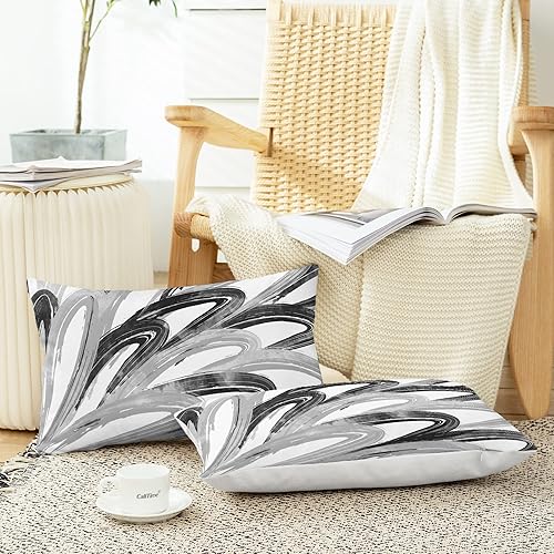 Miniatura 4 de CaliTime Juego de 2 fundas de almohada decorativas de vellón de dos tonos con plumas abstractas para sofá, cama, decoración de casa rural, 20 x 20