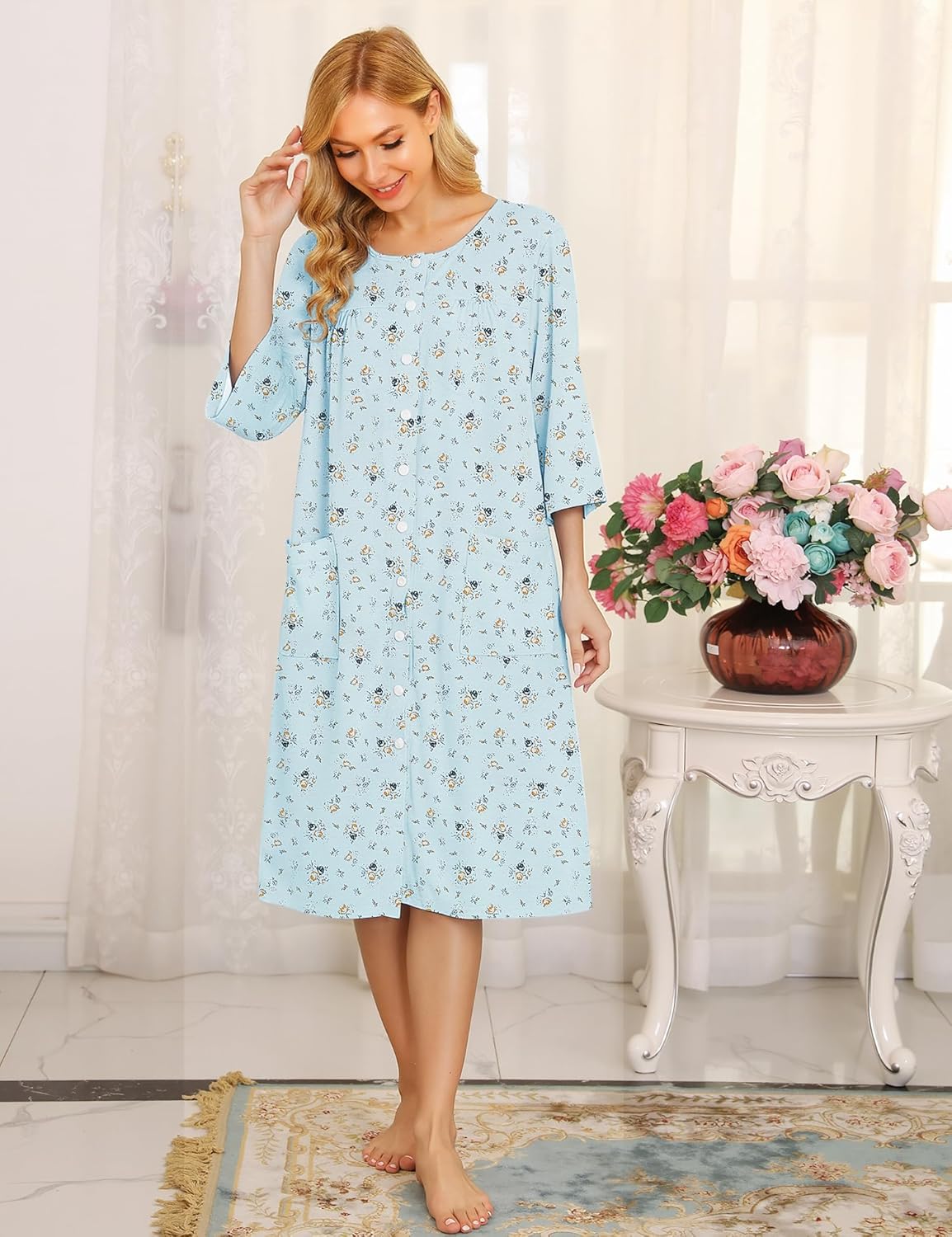 Bloggerlove House Dress Women Cotton Snap Front Nightgown 3/4 Sleeve Housecoat Duster Robe with Pockets Moomoo Patio Dress - Image 2
