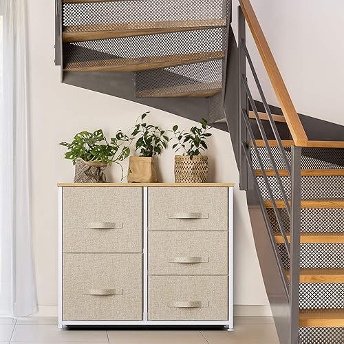 Miniatura 7 de Pipishell Cómoda de tela con 5 cajones amplia torre de almacenamiento unidad organizadora con parte superior de madera y asa fácil de tirar para