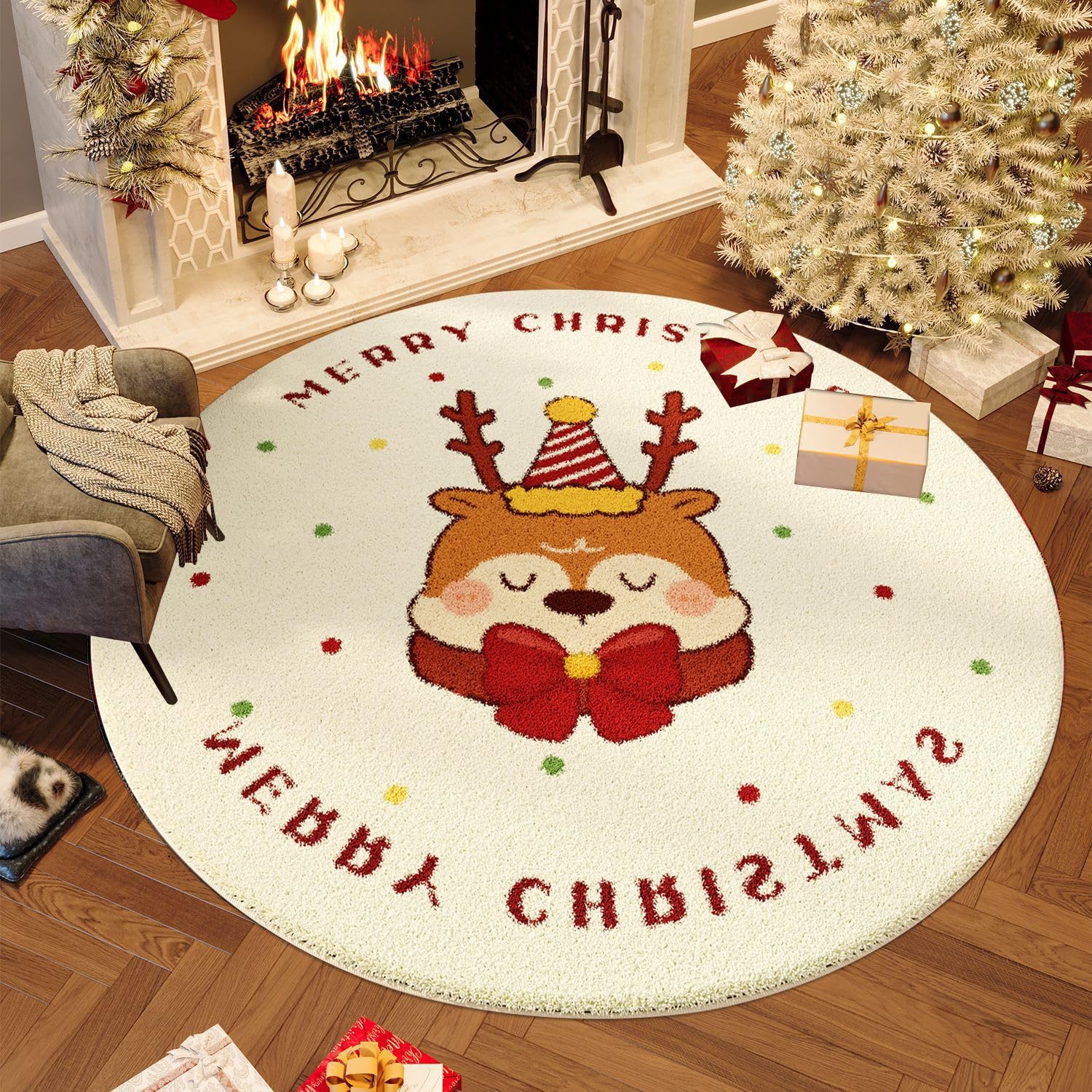 Alfombras Pequeñas Navideñas Blanco,Alfombras Salon Modernas Antideslizante Navideña,Alfombra Chimenea de Decoración Invierno,Alfombra Navidad Redonda para Salón Entrada Comedor Baño,D,140cm