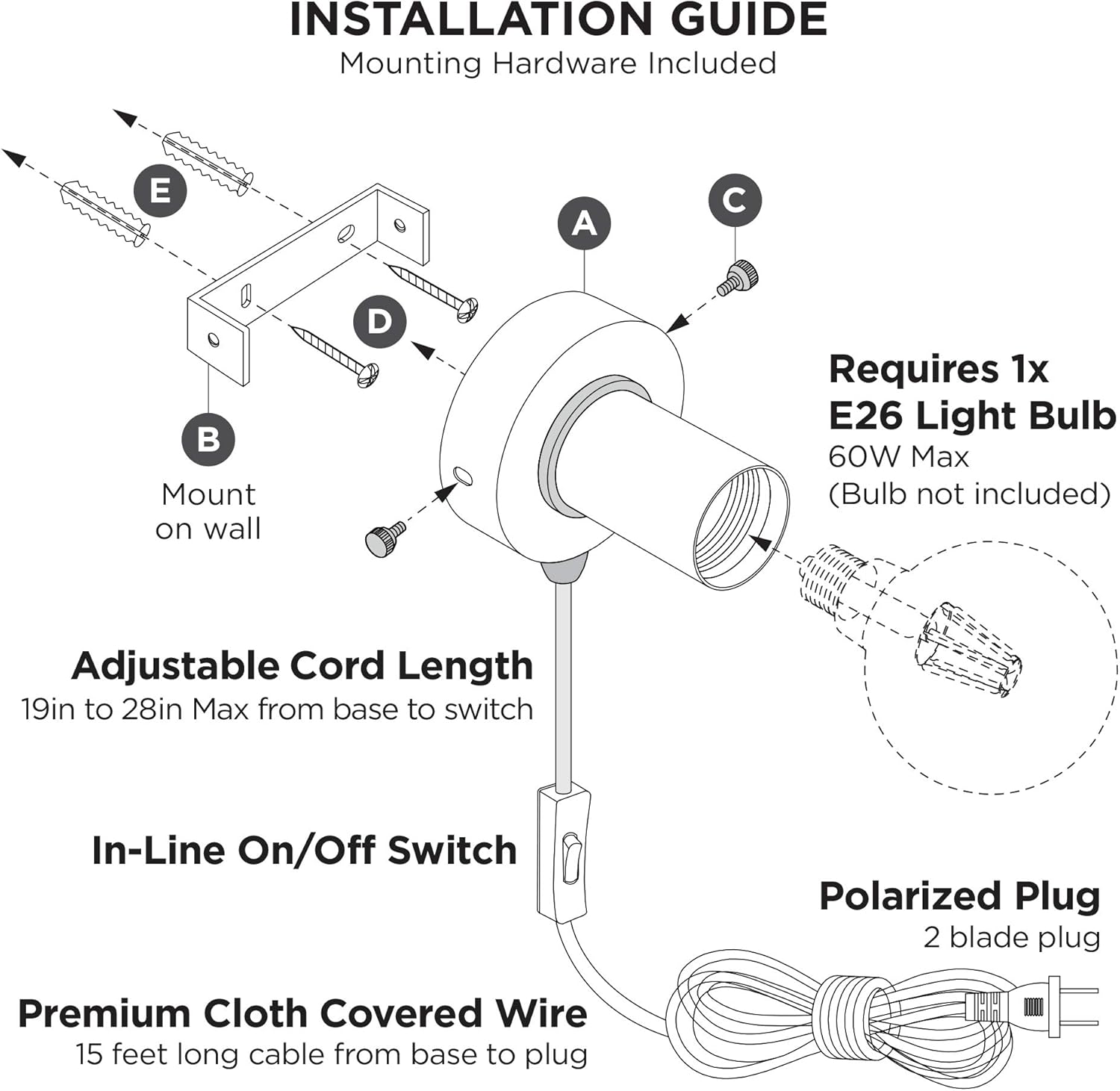 BRIGHTTIA Plug-in Simple Ring Wall Sconce Light - Brushed Gold - Modern Minimalist Lighting for Apartments and Dorms - Mid Century Industrial Exposed Bulb Wall Lamp - 15Ft Fabric Cord (BW0005-1GP)