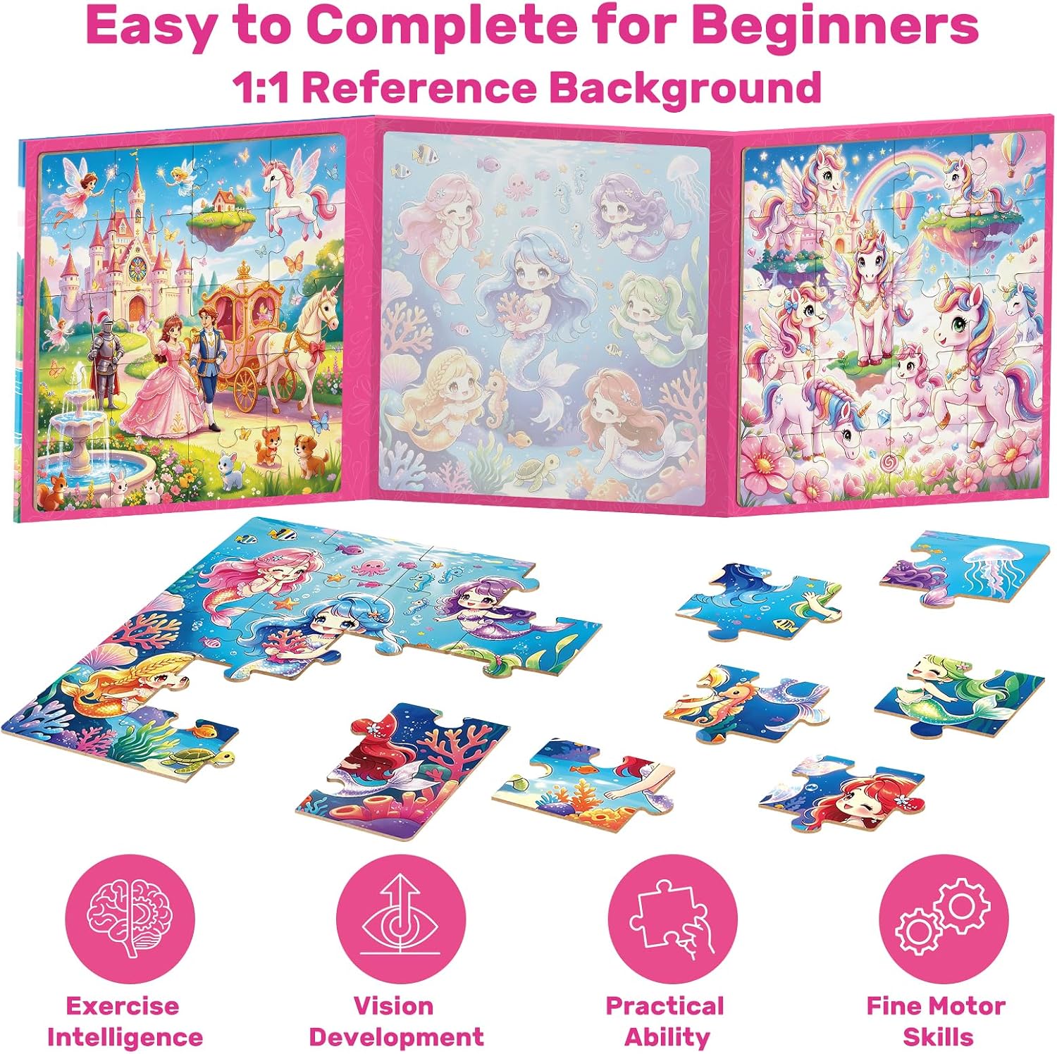 Elfew Magnetic Puzzles for Toddlers 3-5, 20 Piece Unicorn Mermaid Princess Travel Puzzles for Kids Ages 4-6, Car Airplane Road Trip Activity Toy for Girls Birthday Gifts, Total 60 Piece