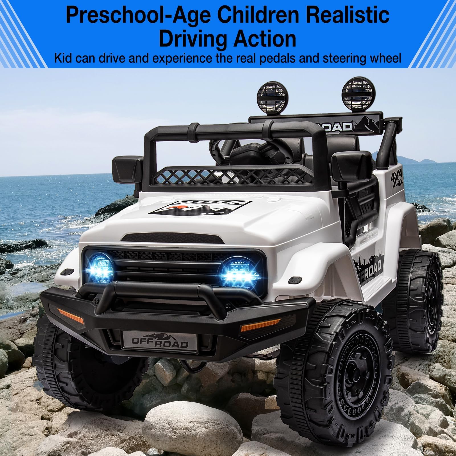 12V Elektro-Kinderfahrzeug mit Federung, Fernbedienung, LED-Beleuchtung & Drahtlos – 3 Geschwindigkeiten, geeignet für Kinder von 3-8 Jahren – Farbe: Weiß