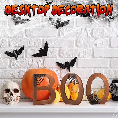 Miniatura 6 de Bucherry 3 piezas de letrero de Halloween Boo decoración de mesa de madera Happy Boo Day para interiores, decoración de bandeja de niveles retro,