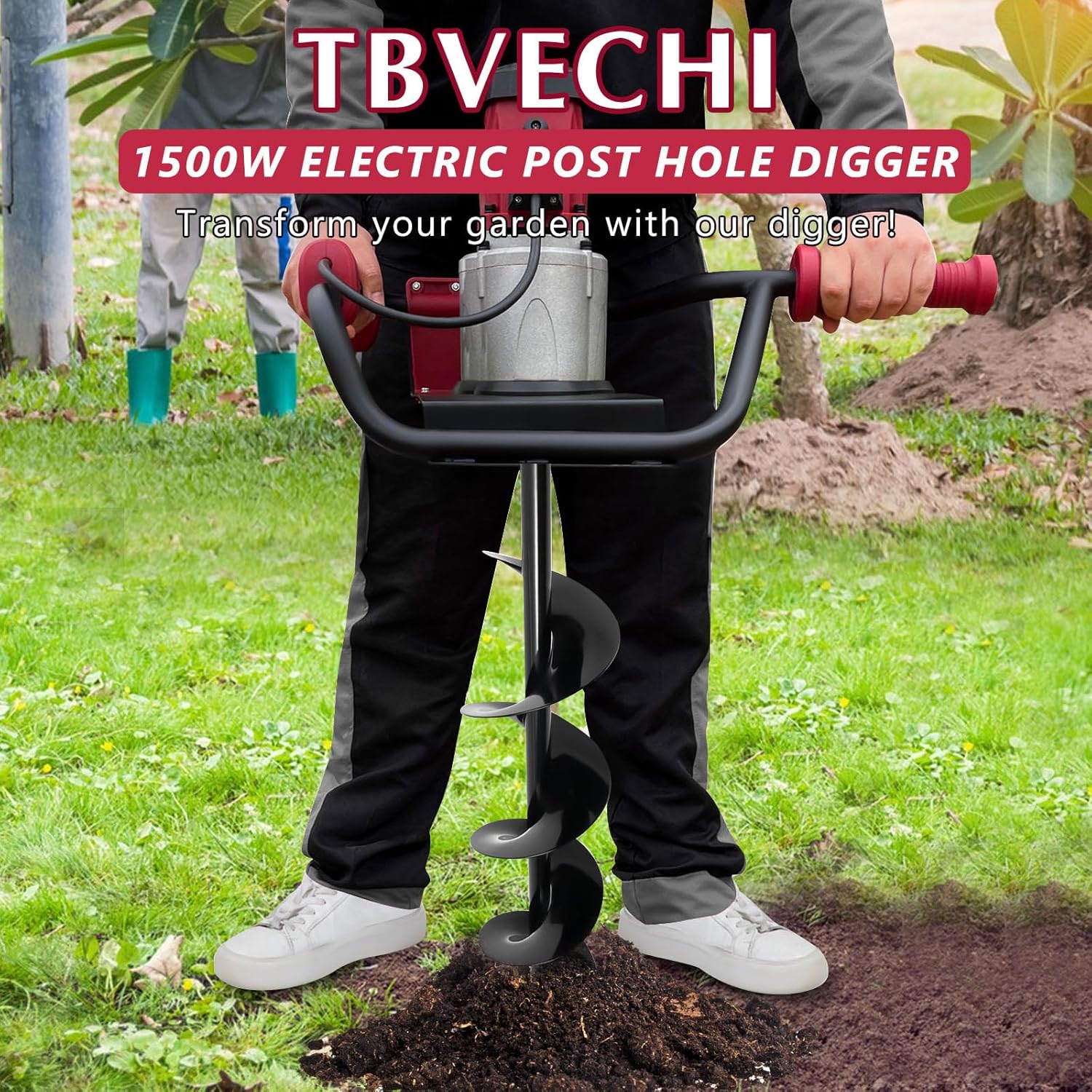 Post Hole Digger 1500W Earth Auger Hole Digger Electric Post Hole Digger w/4" & 6" Auger Bits Set for Fence Garden Farm Plant