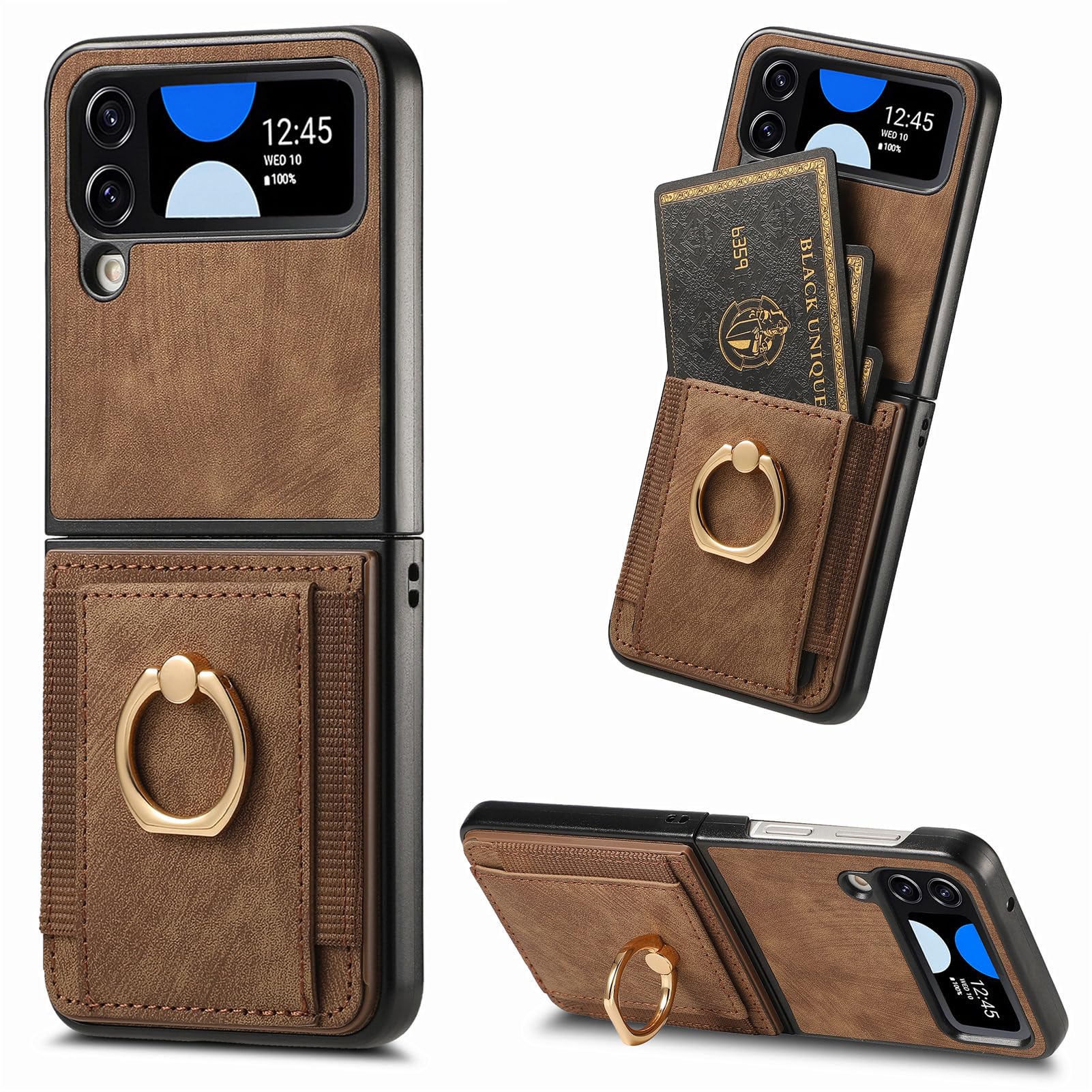 Asuwish Compatible with Samsung Galaxy Z Flip 4 5G 2022 Wallet Case and Card Slot Shockproof Protective Case Metal Ring Holder Stand Kickstand Cell Phone Cover for ZFlip4 Z4 Flip4 4Z Women Men Brown