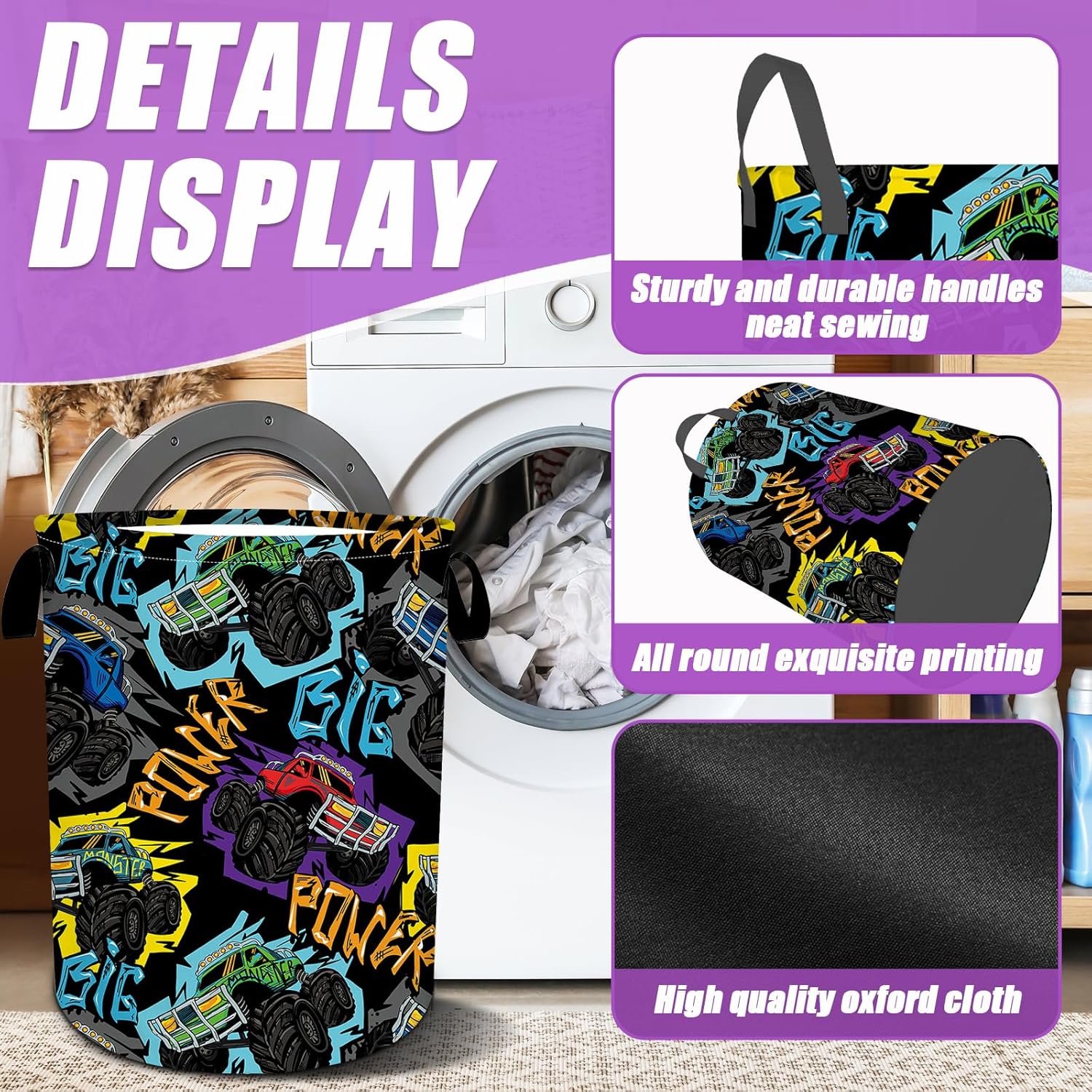 Monster Truck Laundry Basket Foldable Cool Car Laundry Hamper Tote Bag Storage Bucket Toy Organizer for Bathroom/Laundry/Bedroom（19.6x15.7inch）