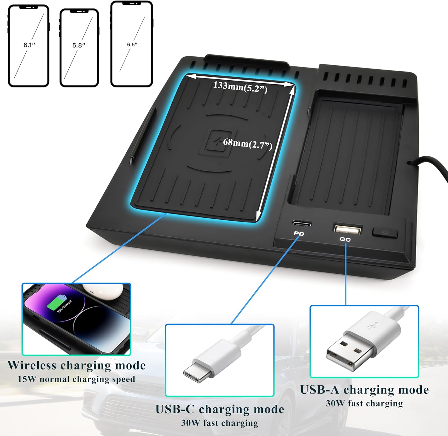 Wireless Charger for 2022+ Honda Civic, 30W Fast Charging USB-A USB-C 15W Wireless Charger Panel with Anti-Slip Silicon Mat for Honda Civic 2022 2023 2024 Accessories