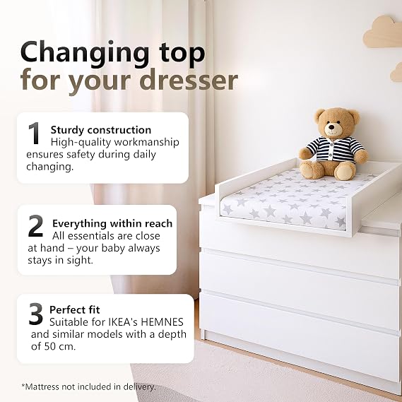 Changing Top for IKEA Hemnes, for 50 cm Dressers, White | Removable changing top, rounded front panels, easy assembly, easy to clean