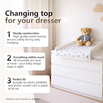 Changing Top for IKEA Hemnes, for 50 cm Dressers, White | Removable changing top, rounded front panels, easy assembly, easy to clean
