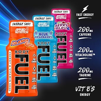 Applied Nutrition BodyFuel Energy Shot - Body Fuel Prime Energy Shot, Physical Performance with B-Vitamins, Taurine, Caffeine, Sugar Free, Zero Calories (Box 12 Units x 60ml) (Berry Blast)